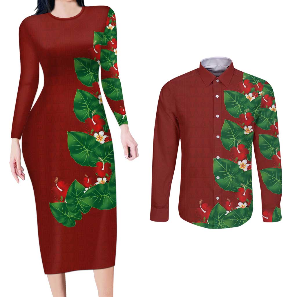 Hawaiian Taro Leaves-Hibiscus and Plumeria Couples Matching Long Sleeve Bodycon Dress and Long Sleeve Button Shirt Polynesian Art-Kakau Tattoo Red
