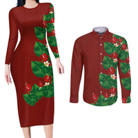 Hawaiian Taro Leaves-Hibiscus and Plumeria Couples Matching Long Sleeve Bodycon Dress and Long Sleeve Button Shirt Polynesian Art-Kakau Tattoo Red