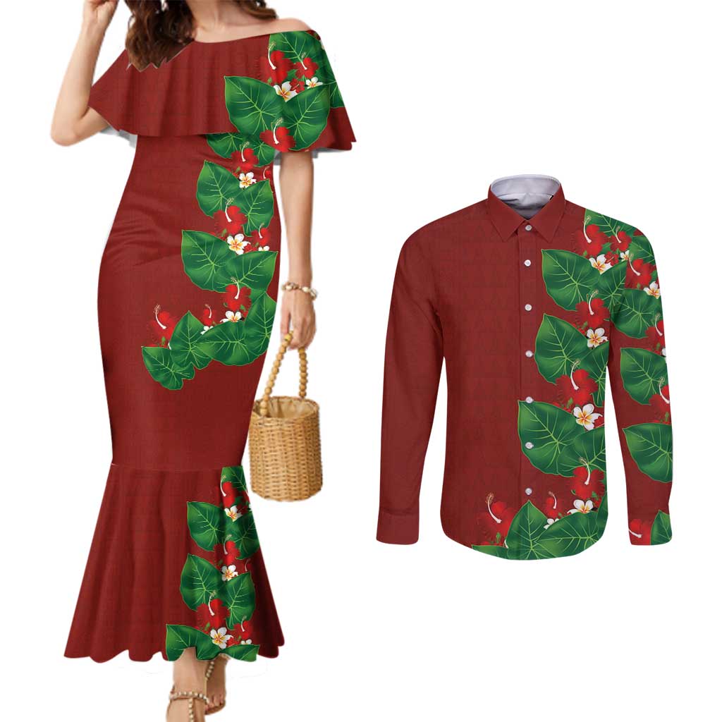 Hawaiian Taro Leaves-Hibiscus and Plumeria Couples Matching Mermaid Dress and Long Sleeve Button Shirt Polynesian Art-Kakau Tattoo Red