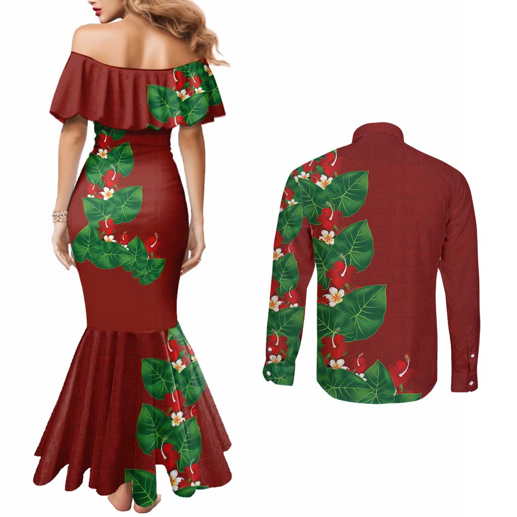Hawaiian Taro Leaves-Hibiscus and Plumeria Couples Matching Mermaid Dress and Long Sleeve Button Shirt Polynesian Art-Kakau Tattoo Red