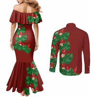 Hawaiian Taro Leaves-Hibiscus and Plumeria Couples Matching Mermaid Dress and Long Sleeve Button Shirt Polynesian Art-Kakau Tattoo Red