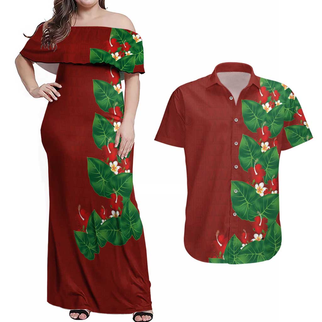Hawaiian Taro Leaves-Hibiscus and Plumeria Couples Matching Off Shoulder Maxi Dress and Hawaiian Shirt Polynesian Art-Kakau Tattoo Red