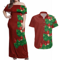 Hawaiian Taro Leaves-Hibiscus and Plumeria Couples Matching Off Shoulder Maxi Dress and Hawaiian Shirt Polynesian Art-Kakau Tattoo Red