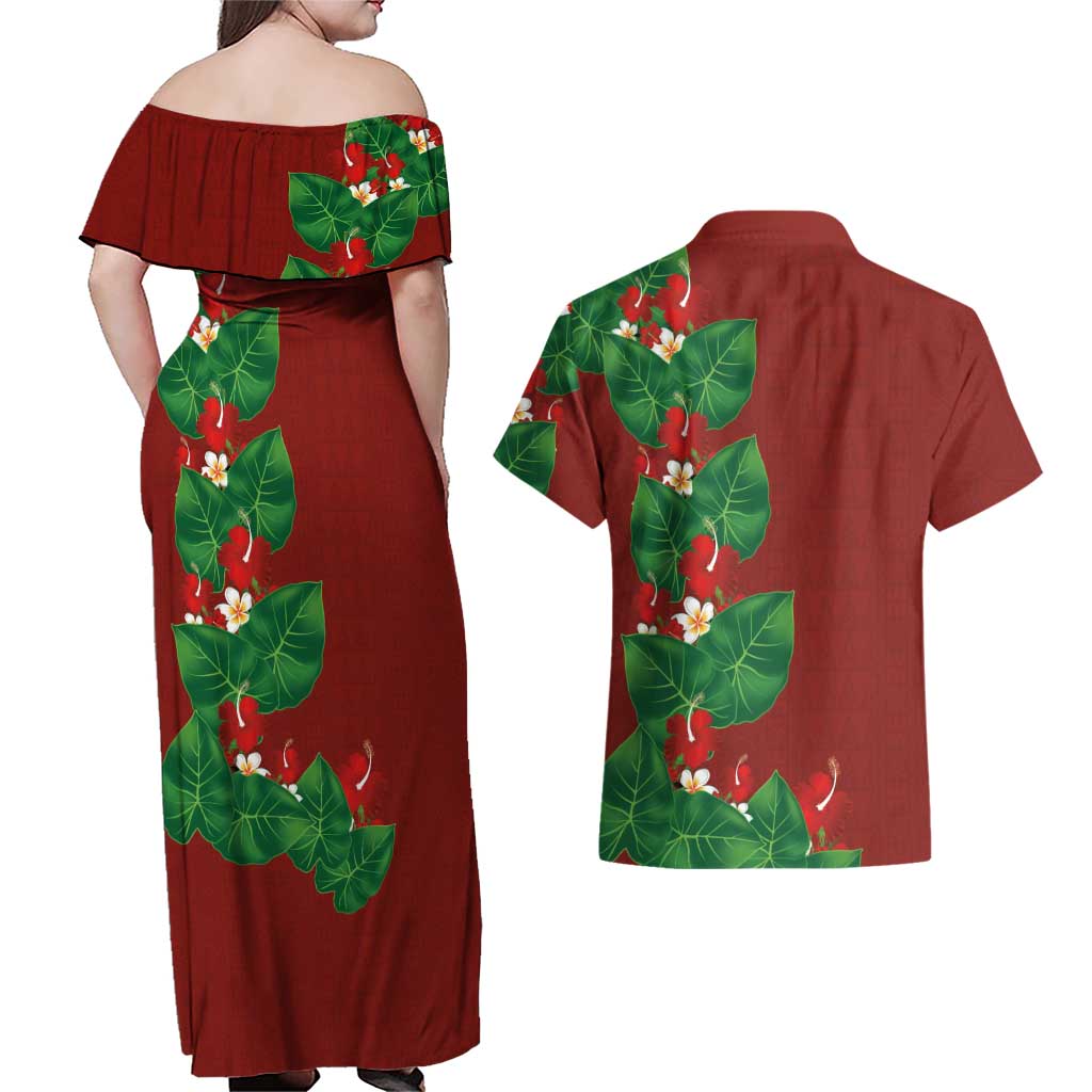 Hawaiian Taro Leaves-Hibiscus and Plumeria Couples Matching Off Shoulder Maxi Dress and Hawaiian Shirt Polynesian Art-Kakau Tattoo Red