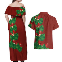 Hawaiian Taro Leaves-Hibiscus and Plumeria Couples Matching Off Shoulder Maxi Dress and Hawaiian Shirt Polynesian Art-Kakau Tattoo Red