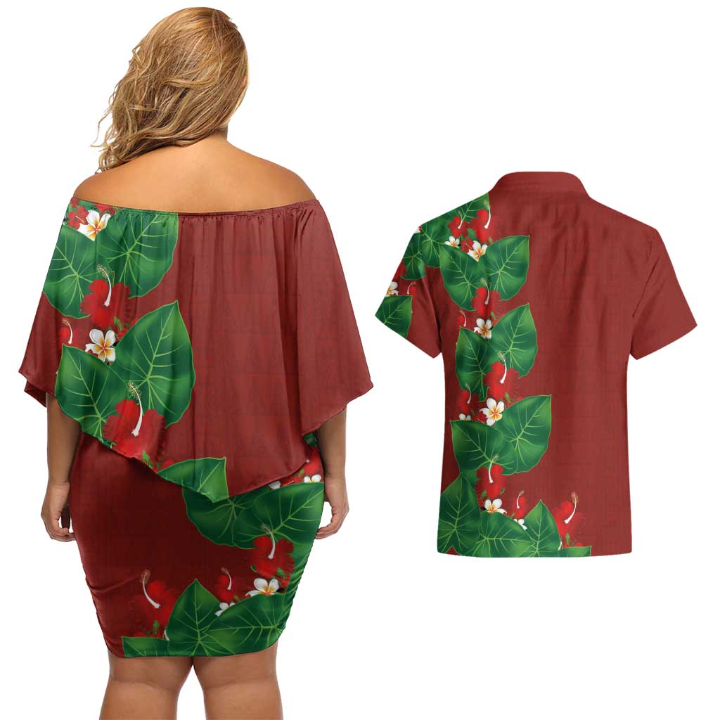 Hawaiian Taro Leaves-Hibiscus and Plumeria Couples Matching Off Shoulder Short Dress and Hawaiian Shirt Polynesian Art-Kakau Tattoo Red