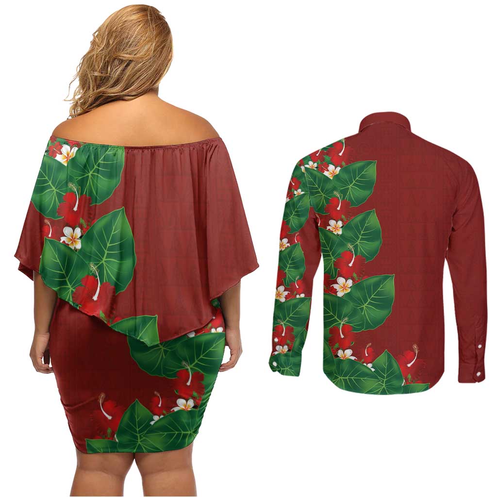 Hawaiian Taro Leaves-Hibiscus and Plumeria Couples Matching Off Shoulder Short Dress and Long Sleeve Button Shirt Polynesian Art-Kakau Tattoo Red