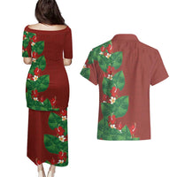 Hawaiian Taro Leaves-Hibiscus and Plumeria Couples Matching Puletasi and Hawaiian Shirt Polynesian Art-Kakau Tattoo Red