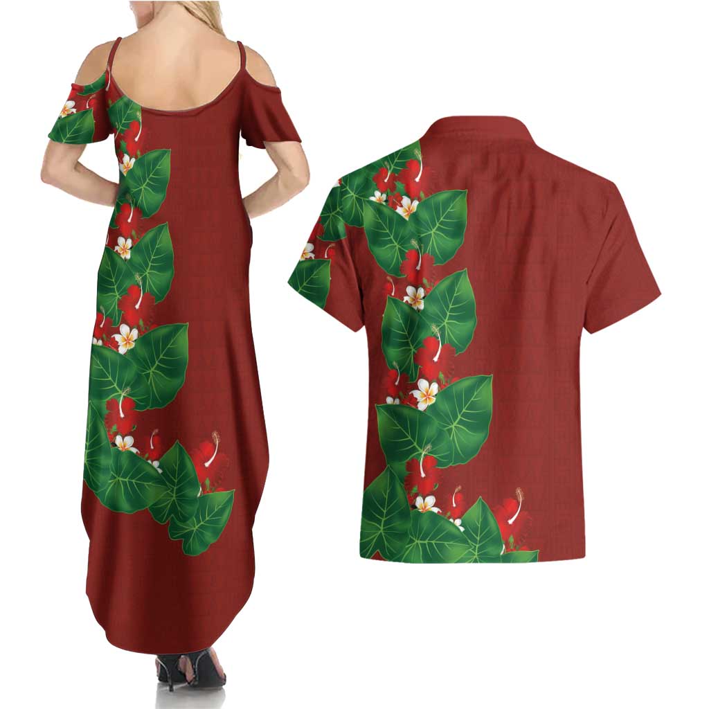 Hawaiian Taro Leaves-Hibiscus and Plumeria Couples Matching Summer Maxi Dress and Hawaiian Shirt Polynesian Art-Kakau Tattoo Red