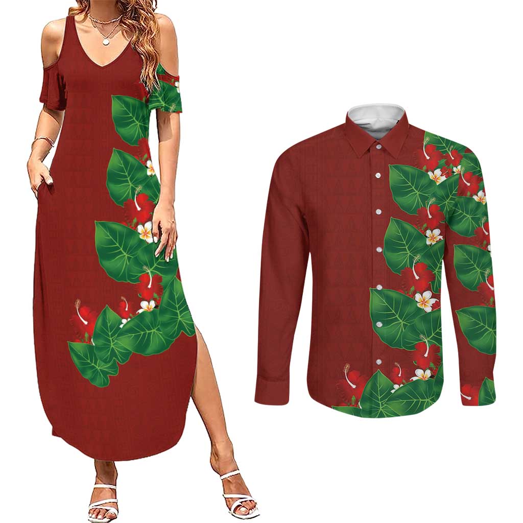 Hawaiian Taro Leaves-Hibiscus and Plumeria Couples Matching Summer Maxi Dress and Long Sleeve Button Shirt Polynesian Art-Kakau Tattoo Red