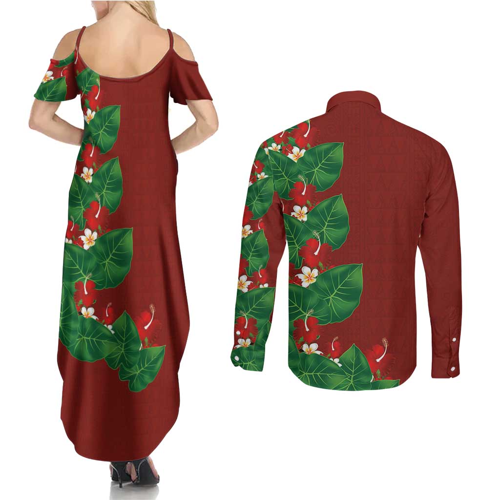 Hawaiian Taro Leaves-Hibiscus and Plumeria Couples Matching Summer Maxi Dress and Long Sleeve Button Shirt Polynesian Art-Kakau Tattoo Red
