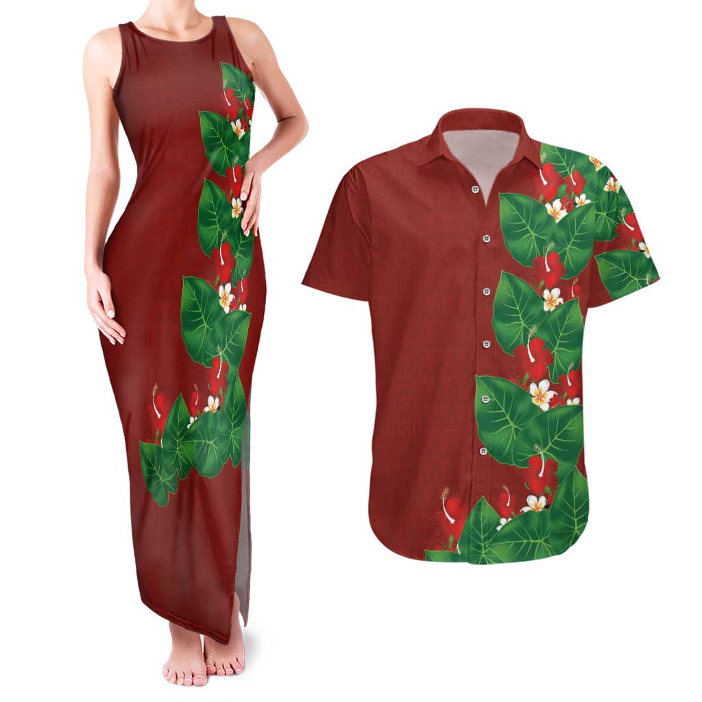 Hawaiian Taro Leaves-Hibiscus and Plumeria Couples Matching Tank Maxi Dress and Hawaiian Shirt Polynesian Art-Kakau Tattoo Red