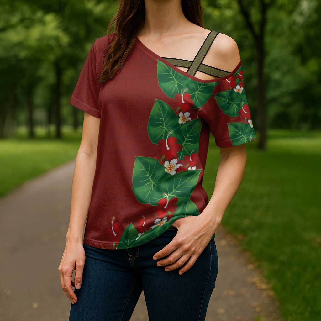 Hawaiian Taro Leaves-Hibiscus and Plumeria Cross Shoulder Shirt Polynesian Art-Kakau Tattoo Red