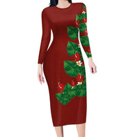 Hawaiian Taro Leaves-Hibiscus and Plumeria Family Matching Long Sleeve Bodycon Dress and Hawaiian Shirt Polynesian Art-Kakau Tattoo Red