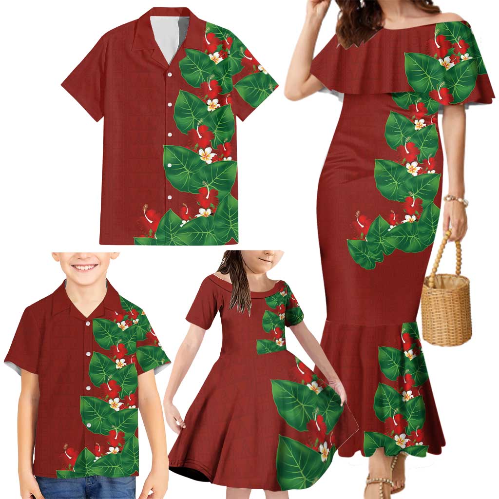Hawaiian Taro Leaves-Hibiscus and Plumeria Family Matching Mermaid Dress and Hawaiian Shirt Polynesian Art-Kakau Tattoo Red LT03 - Polynesian Pride