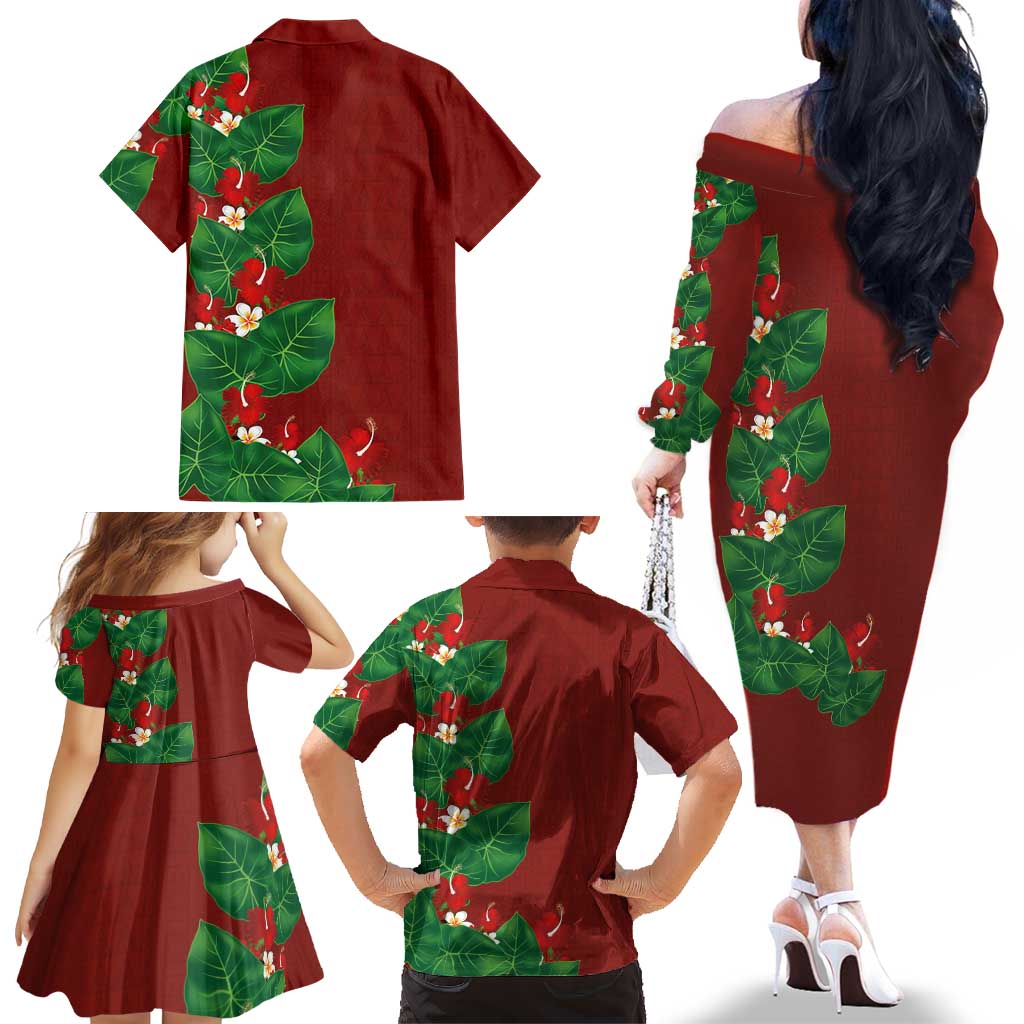 Hawaiian Taro Leaves-Hibiscus and Plumeria Family Matching Off The Shoulder Long Sleeve Dress and Hawaiian Shirt Polynesian Art-Kakau Tattoo Red