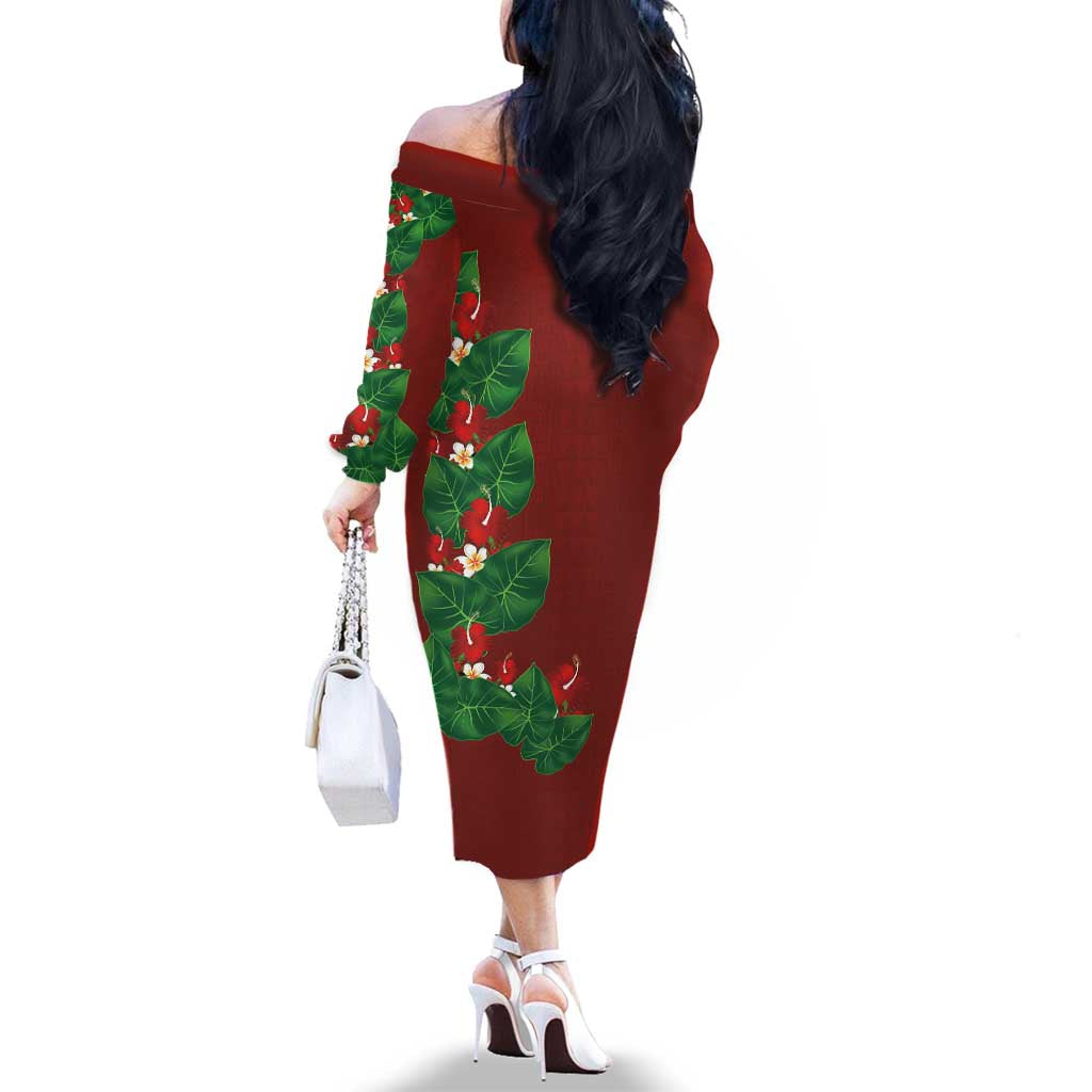 Hawaiian Taro Leaves-Hibiscus and Plumeria Family Matching Off The Shoulder Long Sleeve Dress and Hawaiian Shirt Polynesian Art-Kakau Tattoo Red