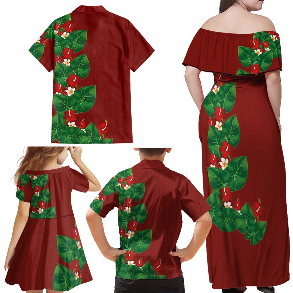 Hawaiian Taro Leaves-Hibiscus and Plumeria Family Matching Off Shoulder Maxi Dress and Hawaiian Shirt Polynesian Art-Kakau Tattoo Red LT03 - Polynesian Pride