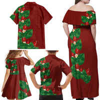 Hawaiian Taro Leaves-Hibiscus and Plumeria Family Matching Off Shoulder Maxi Dress and Hawaiian Shirt Polynesian Art-Kakau Tattoo Red LT03 - Polynesian Pride