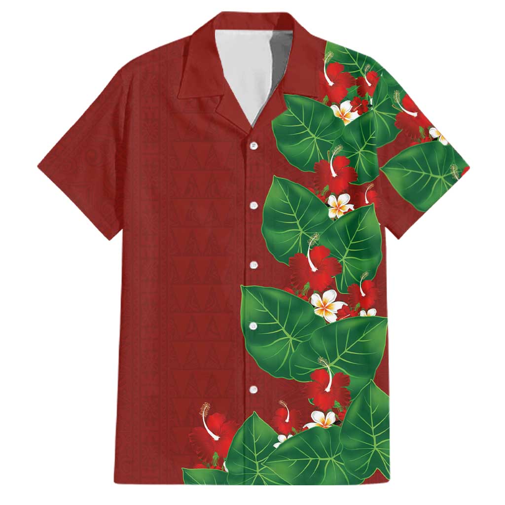 Hawaiian Taro Leaves-Hibiscus and Plumeria Family Matching Off Shoulder Maxi Dress and Hawaiian Shirt Polynesian Art-Kakau Tattoo Red LT03 Dad's Shirt - Short Sleeve Red - Polynesian Pride