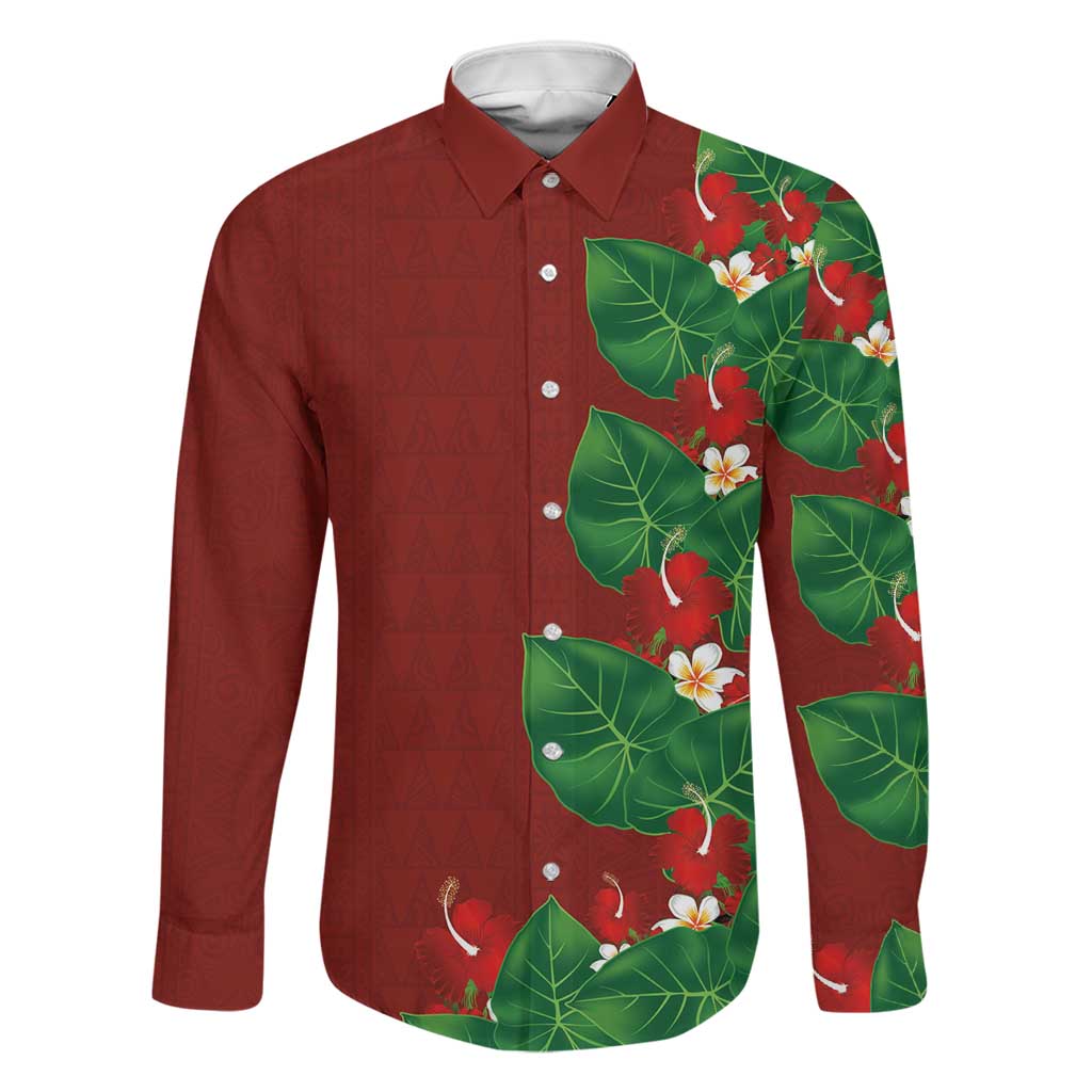 Hawaiian Taro Leaves-Hibiscus and Plumeria Family Matching Off Shoulder Maxi Dress and Hawaiian Shirt Polynesian Art-Kakau Tattoo Red LT03 Dad's Shirt - Long Sleeve Red - Polynesian Pride