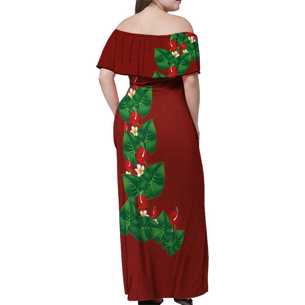 Hawaiian Taro Leaves-Hibiscus and Plumeria Family Matching Off Shoulder Maxi Dress and Hawaiian Shirt Polynesian Art-Kakau Tattoo Red LT03 - Polynesian Pride