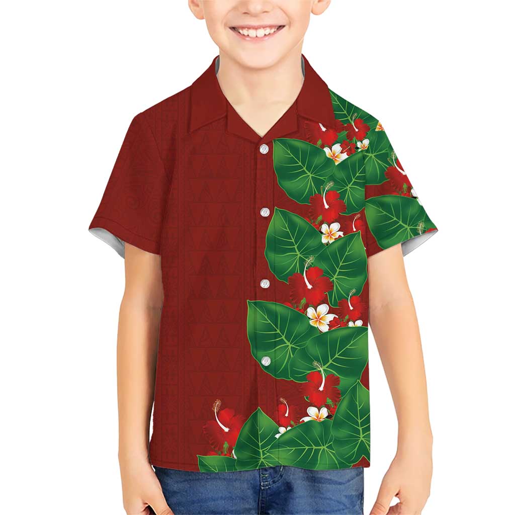Hawaiian Taro Leaves-Hibiscus and Plumeria Family Matching Off Shoulder Maxi Dress and Hawaiian Shirt Polynesian Art-Kakau Tattoo Red LT03 Son's Shirt Red - Polynesian Pride