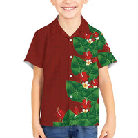 Hawaiian Taro Leaves-Hibiscus and Plumeria Family Matching Off Shoulder Maxi Dress and Hawaiian Shirt Polynesian Art-Kakau Tattoo Red LT03 Son's Shirt Red - Polynesian Pride
