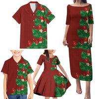 Hawaiian Taro Leaves-Hibiscus and Plumeria Family Matching Puletasi and Hawaiian Shirt Polynesian Art-Kakau Tattoo Red