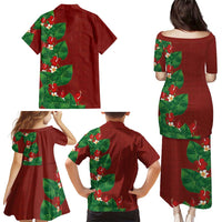 Hawaiian Taro Leaves-Hibiscus and Plumeria Family Matching Puletasi and Hawaiian Shirt Polynesian Art-Kakau Tattoo Red