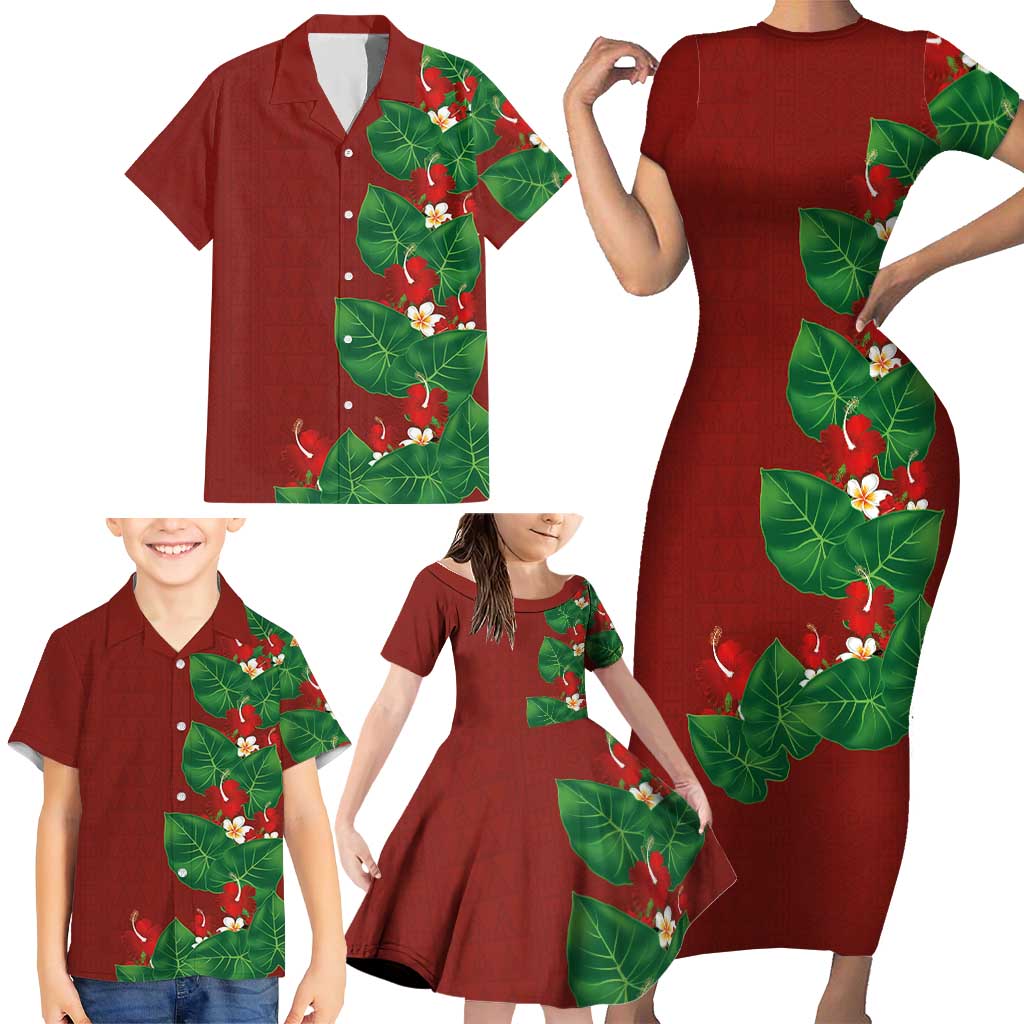 Hawaiian Taro Leaves-Hibiscus and Plumeria Family Matching Short Sleeve Bodycon Dress and Hawaiian Shirt Polynesian Art-Kakau Tattoo Red