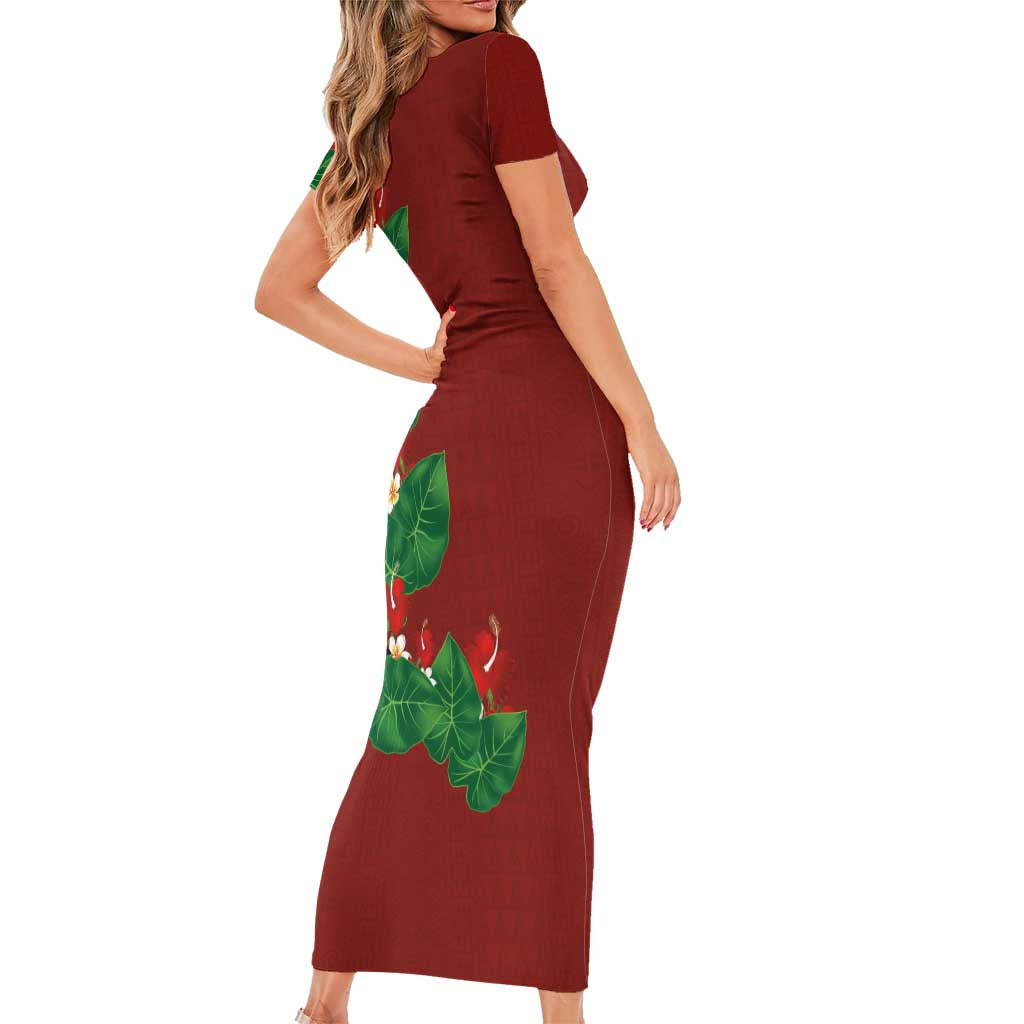 Hawaiian Taro Leaves-Hibiscus and Plumeria Family Matching Short Sleeve Bodycon Dress and Hawaiian Shirt Polynesian Art-Kakau Tattoo Red