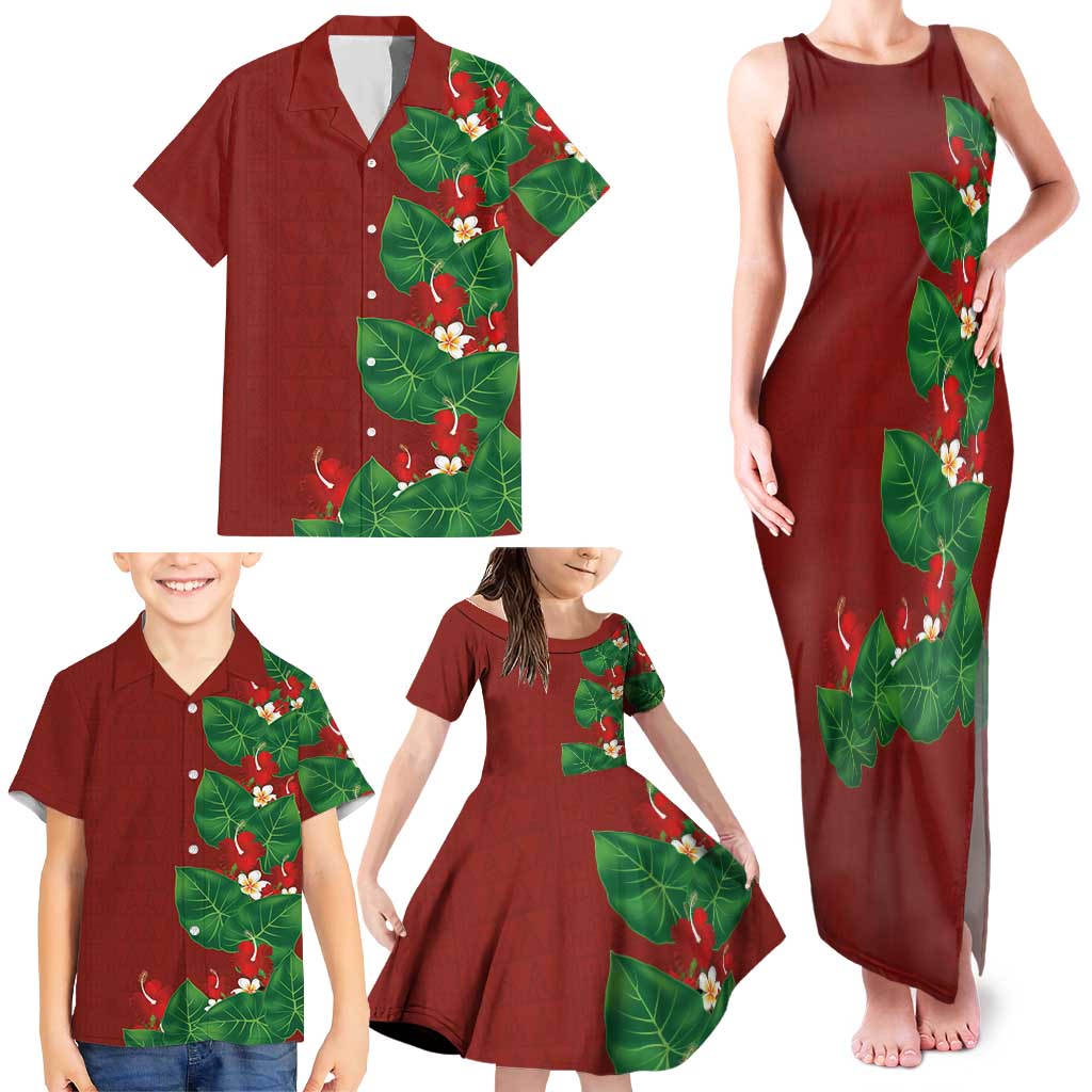 Hawaiian Taro Leaves-Hibiscus and Plumeria Family Matching Tank Maxi Dress and Hawaiian Shirt Polynesian Art-Kakau Tattoo Red