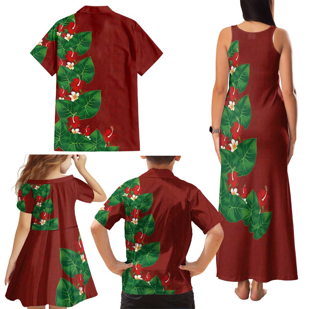 Hawaiian Taro Leaves-Hibiscus and Plumeria Family Matching Tank Maxi Dress and Hawaiian Shirt Polynesian Art-Kakau Tattoo Red