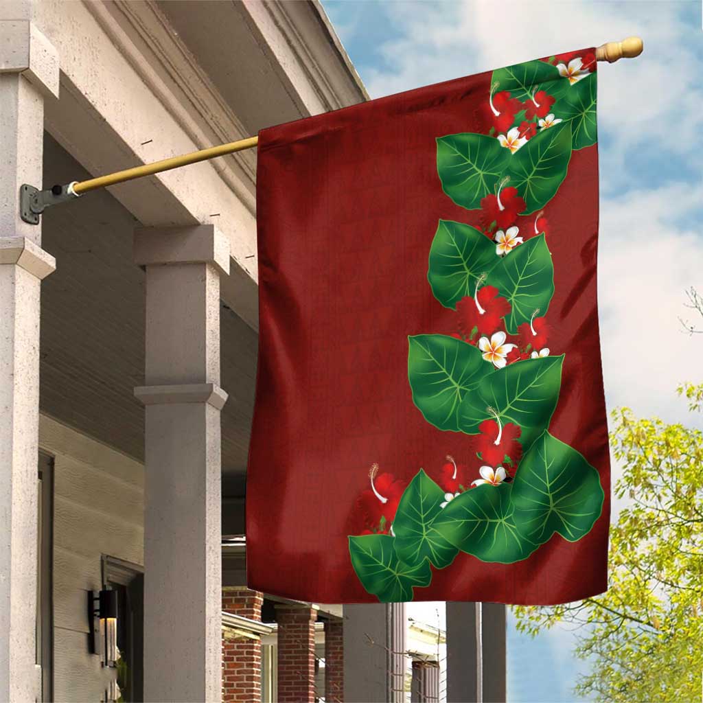 Hawaiian Taro Leaves-Hibiscus and Plumeria Garden Flag Polynesian Art-Kakau Tattoo Red
