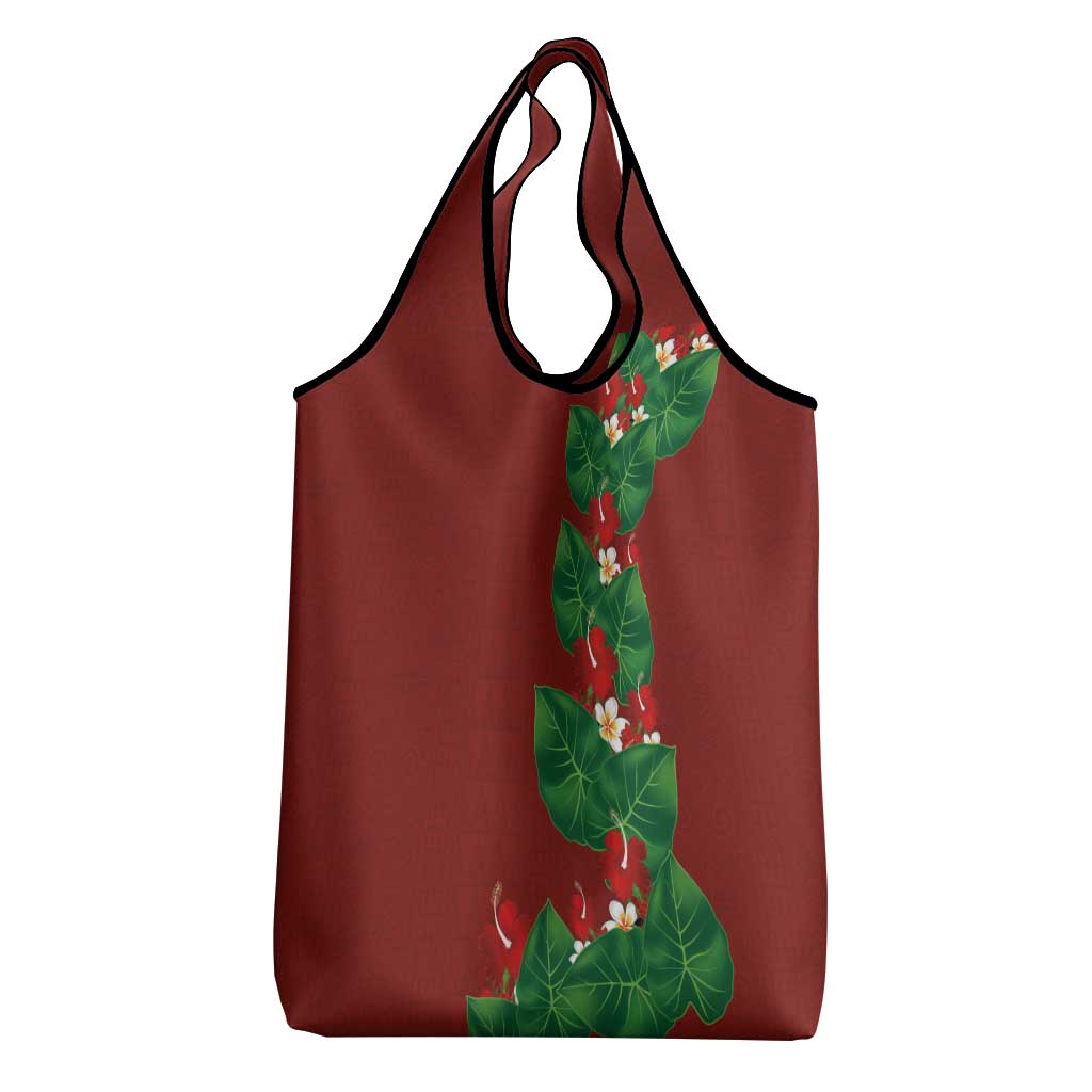 Hawaiian Taro Leaves-Hibiscus and Plumeria Grocery Bag Polynesian Art-Kakau Tattoo Red