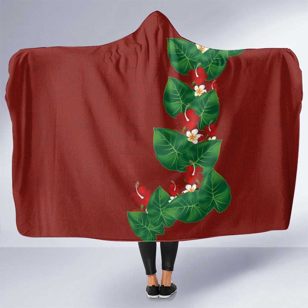 Hawaiian Taro Leaves-Hibiscus and Plumeria Hooded Blanket Polynesian Art-Kakau Tattoo Red