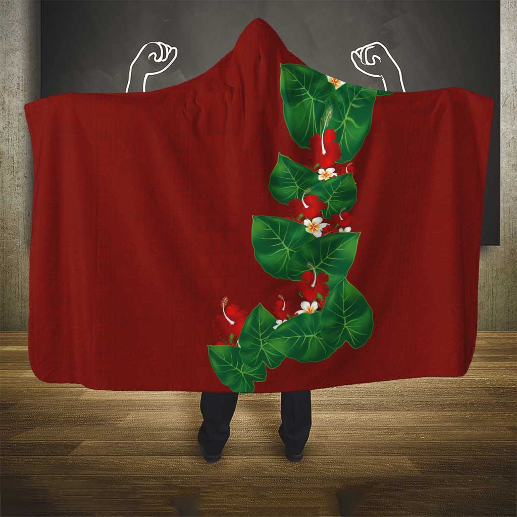 Hawaiian Taro Leaves-Hibiscus and Plumeria Hooded Blanket Polynesian Art-Kakau Tattoo Red