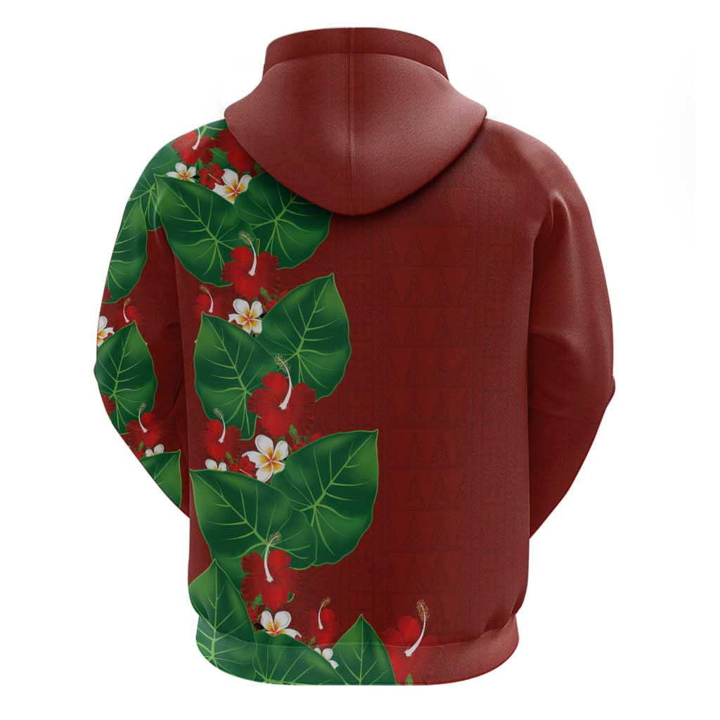 Hawaiian Taro Leaves-Hibiscus and Plumeria Hoodie Polynesian Art-Kakau Tattoo Red