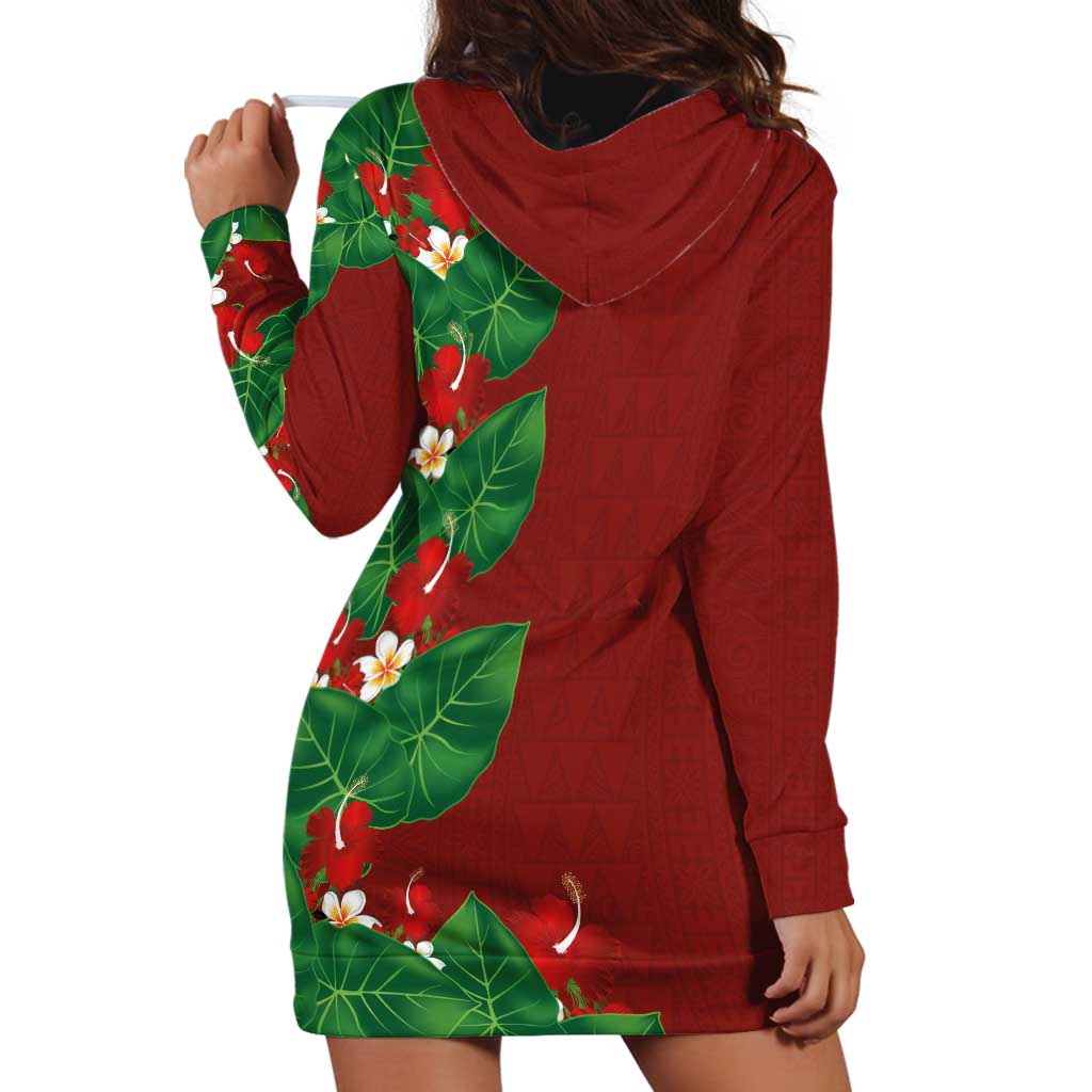 Hawaiian Taro Leaves-Hibiscus and Plumeria Hoodie Dress Polynesian Art-Kakau Tattoo Red