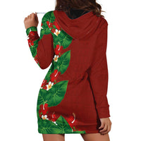 Hawaiian Taro Leaves-Hibiscus and Plumeria Hoodie Dress Polynesian Art-Kakau Tattoo Red