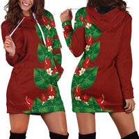 Hawaiian Taro Leaves-Hibiscus and Plumeria Hoodie Dress Polynesian Art-Kakau Tattoo Red