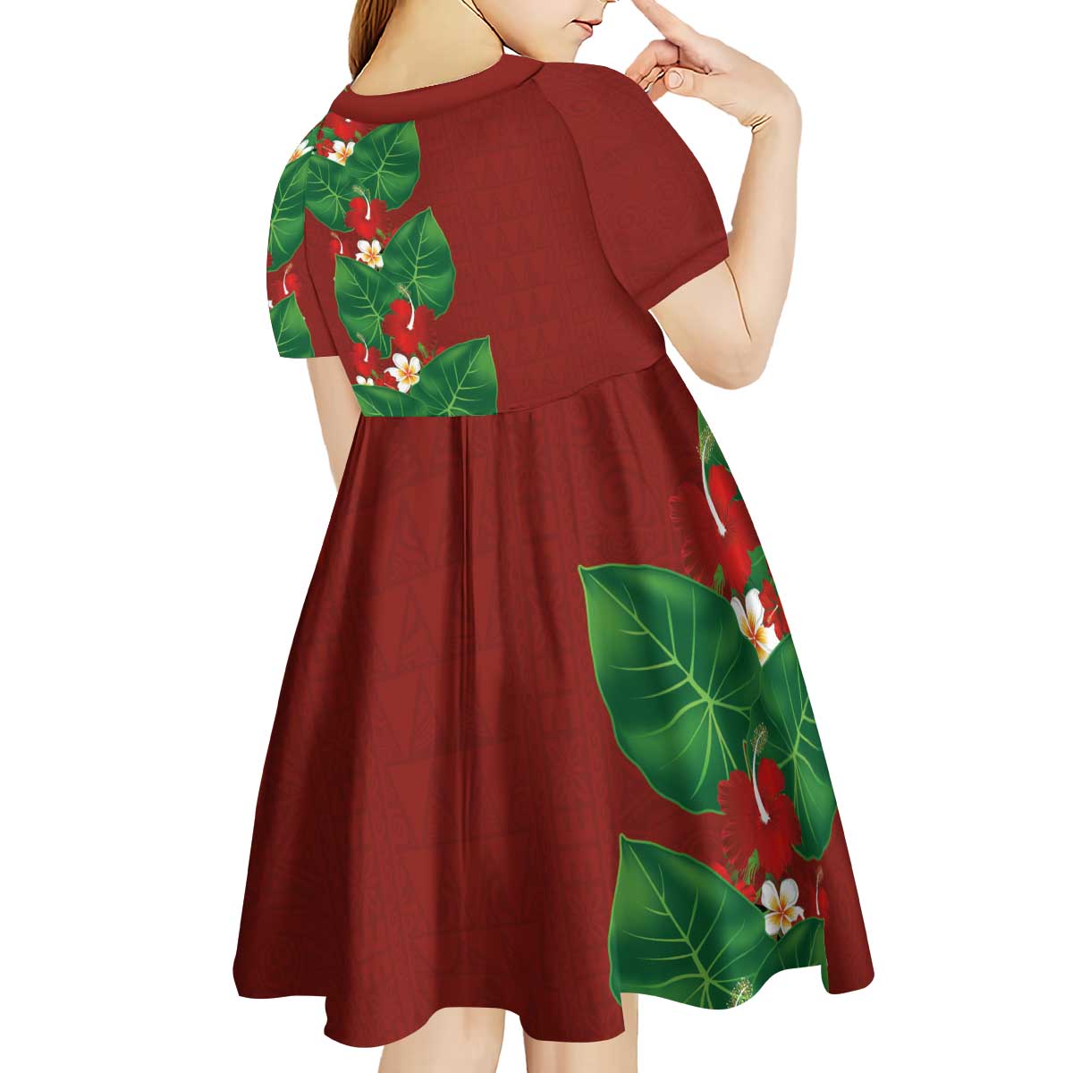 Hawaiian Taro Leaves-Hibiscus and Plumeria Kid Short Sleeve Dress Polynesian Art-Kakau Tattoo Red