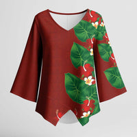 Hawaiian Taro Leaves-Hibiscus and Plumeria Kimono Sleeve Blouse Polynesian Art-Kakau Tattoo Red