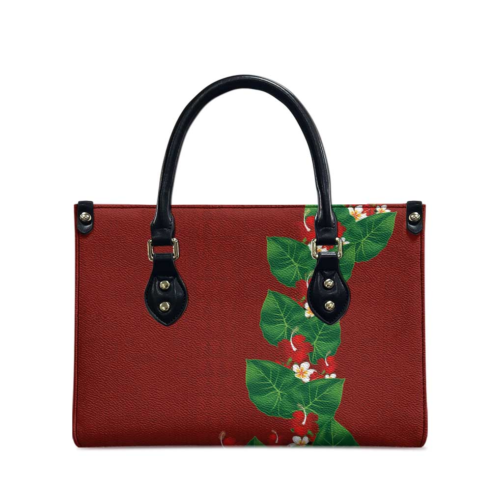 Hawaiian Taro Leaves-Hibiscus and Plumeria Leather Bag Polynesian Art-Kakau Tattoo Red
