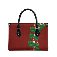 Hawaiian Taro Leaves-Hibiscus and Plumeria Leather Bag Polynesian Art-Kakau Tattoo Red