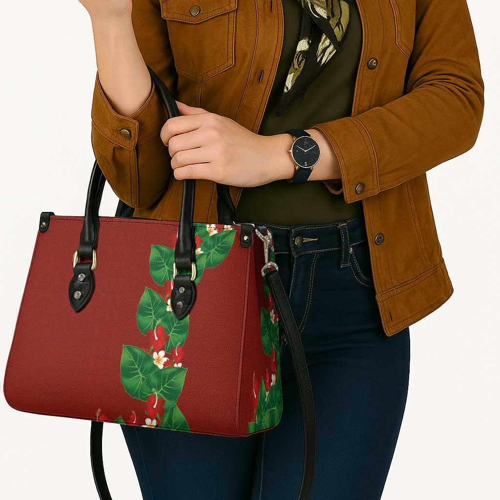Hawaiian Taro Leaves-Hibiscus and Plumeria Leather Bag Polynesian Art-Kakau Tattoo Red