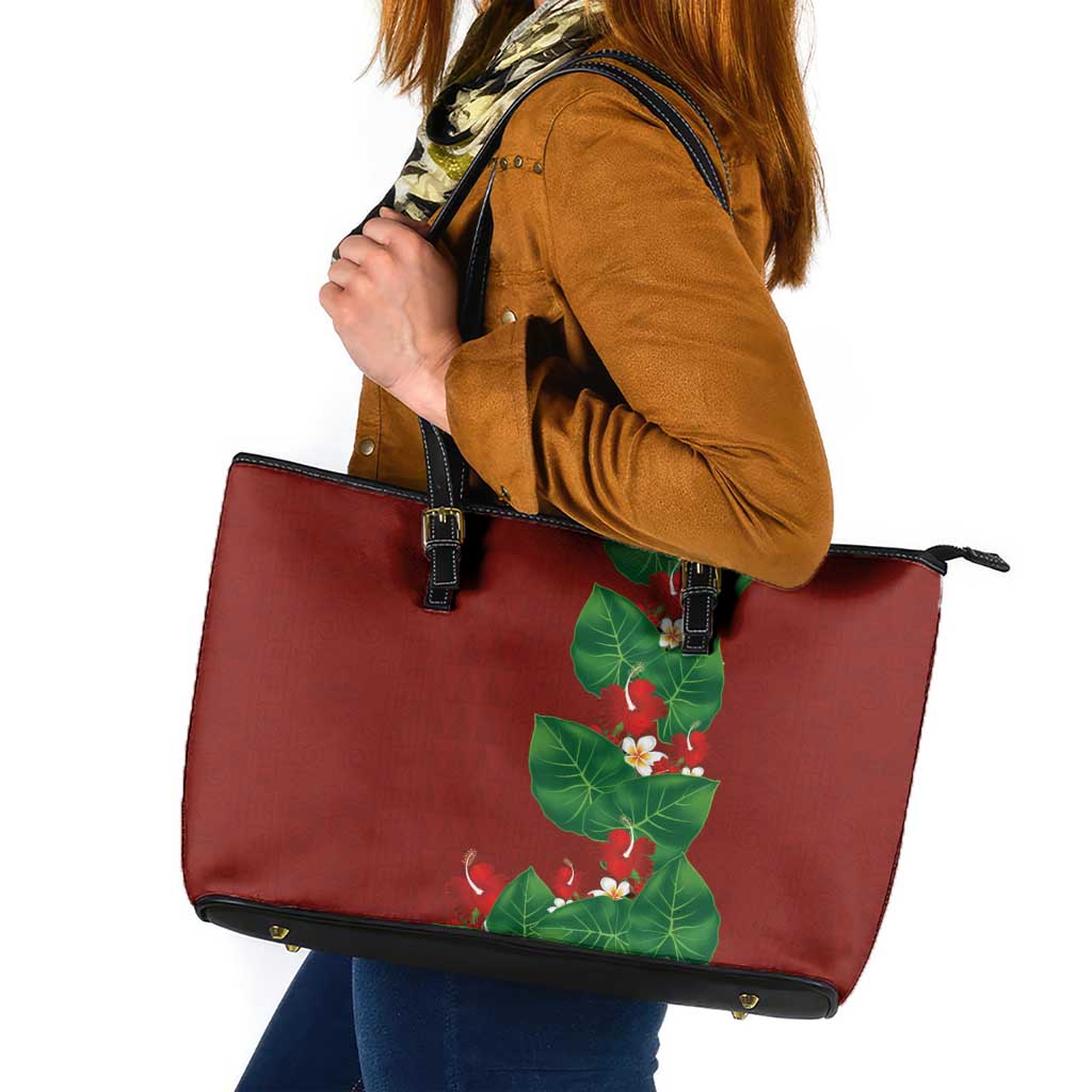 Hawaiian Taro Leaves-Hibiscus and Plumeria Leather Tote Bag Polynesian Art-Kakau Tattoo Red
