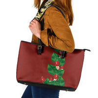 Hawaiian Taro Leaves-Hibiscus and Plumeria Leather Tote Bag Polynesian Art-Kakau Tattoo Red
