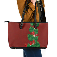 Hawaiian Taro Leaves-Hibiscus and Plumeria Leather Tote Bag Polynesian Art-Kakau Tattoo Red